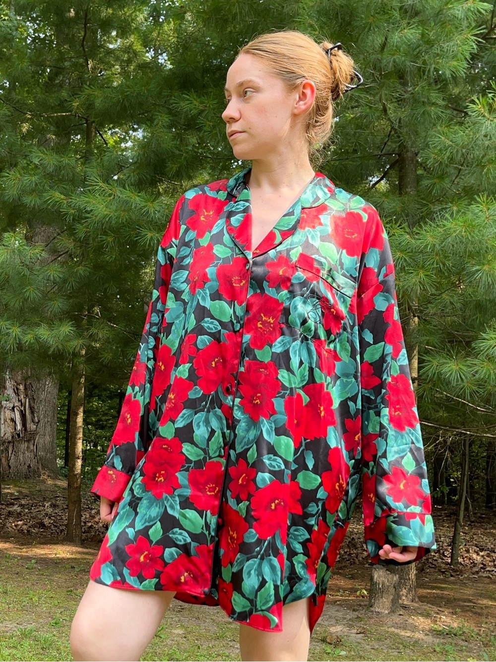 90s Victoria’s Secret Gold Tag Satin Floral Button-Up Pajama Shirt Glam Retro - Picture 5 of 15